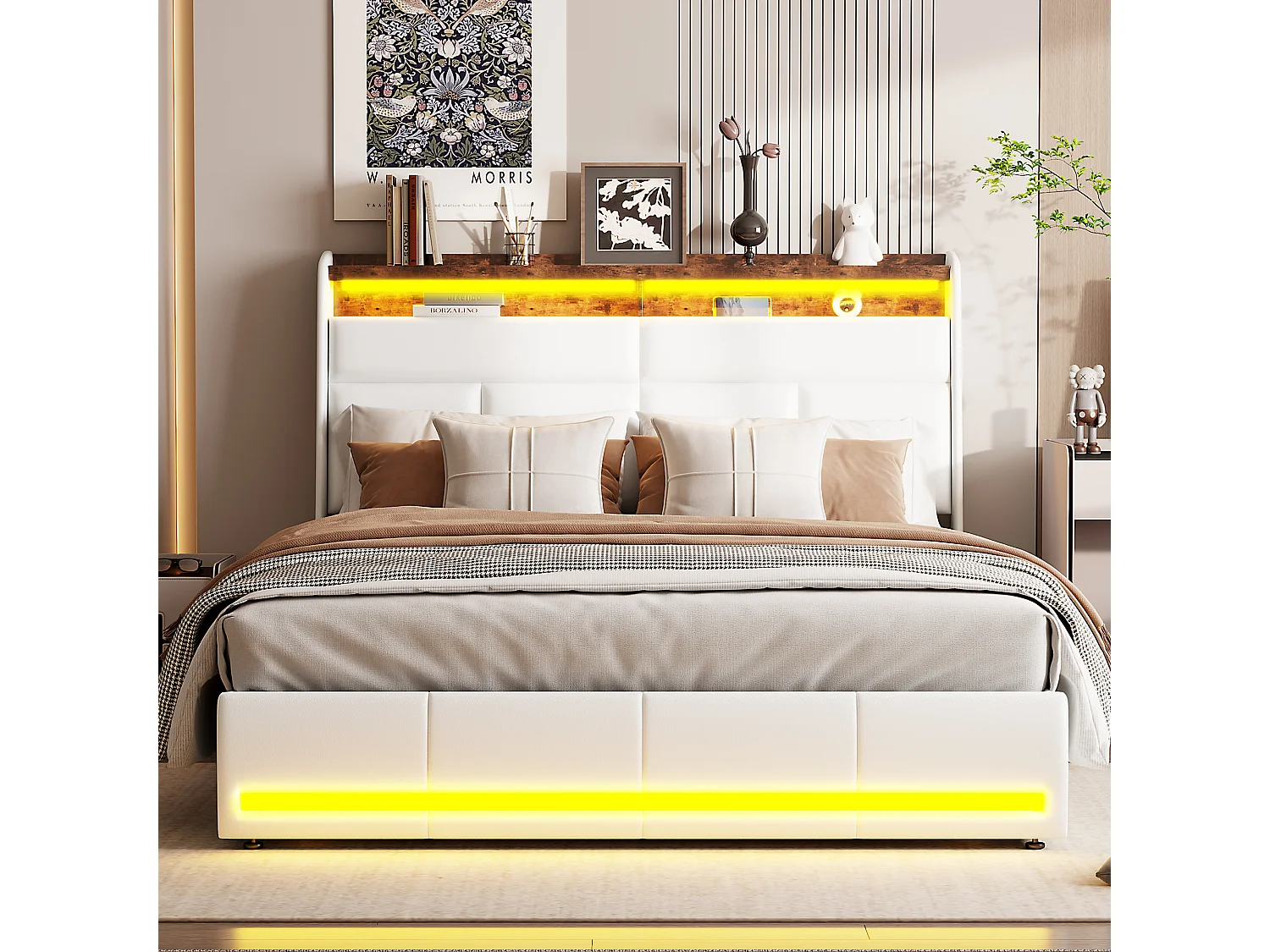 Lit 160x200 cm rembourré avec lumières LED, capitonné, sommier à lattes, boîte de lit et fonction hydraulique, en PU blanc, lit d'appoint pour adultes.