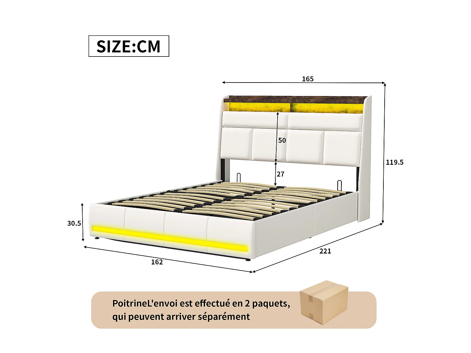 Lit 160x200 cm rembourré avec lumières LED, capitonné, sommier à lattes, boîte de lit et fonction hydraulique, en PU blanc, lit d'appoint pour adultes.