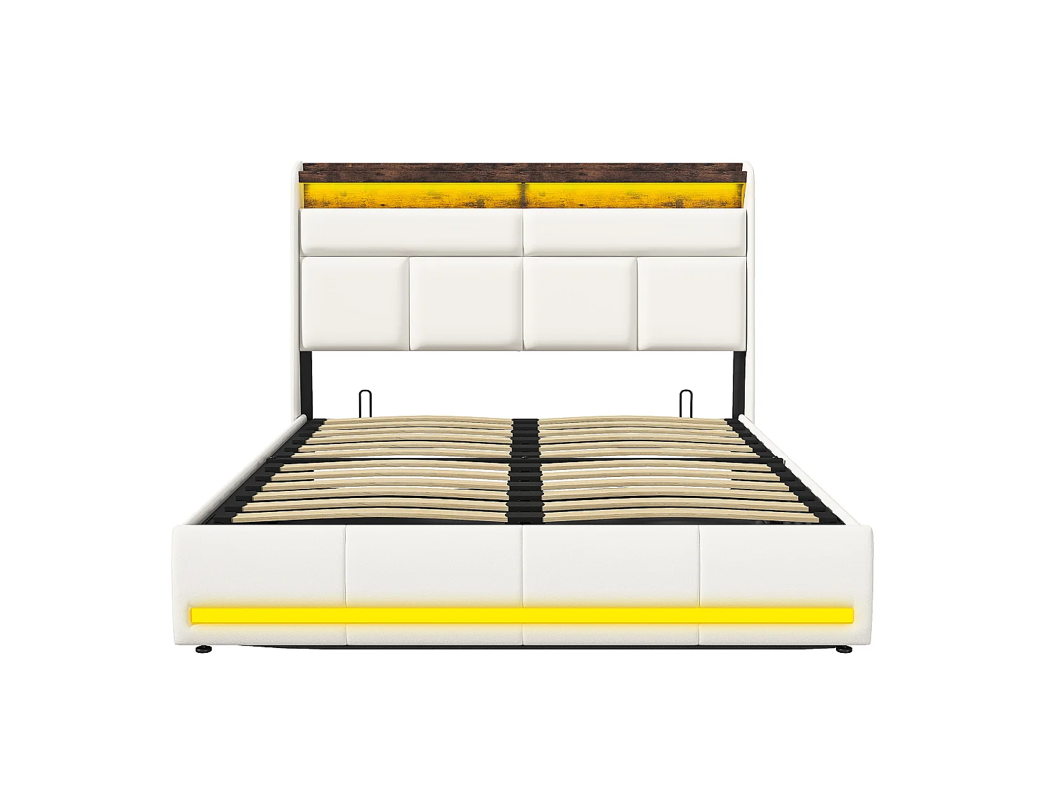 Lit 160x200 cm rembourré avec lumières LED, capitonné, sommier à lattes, boîte de lit et fonction hydraulique, en PU blanc, lit d'appoint pour adultes.