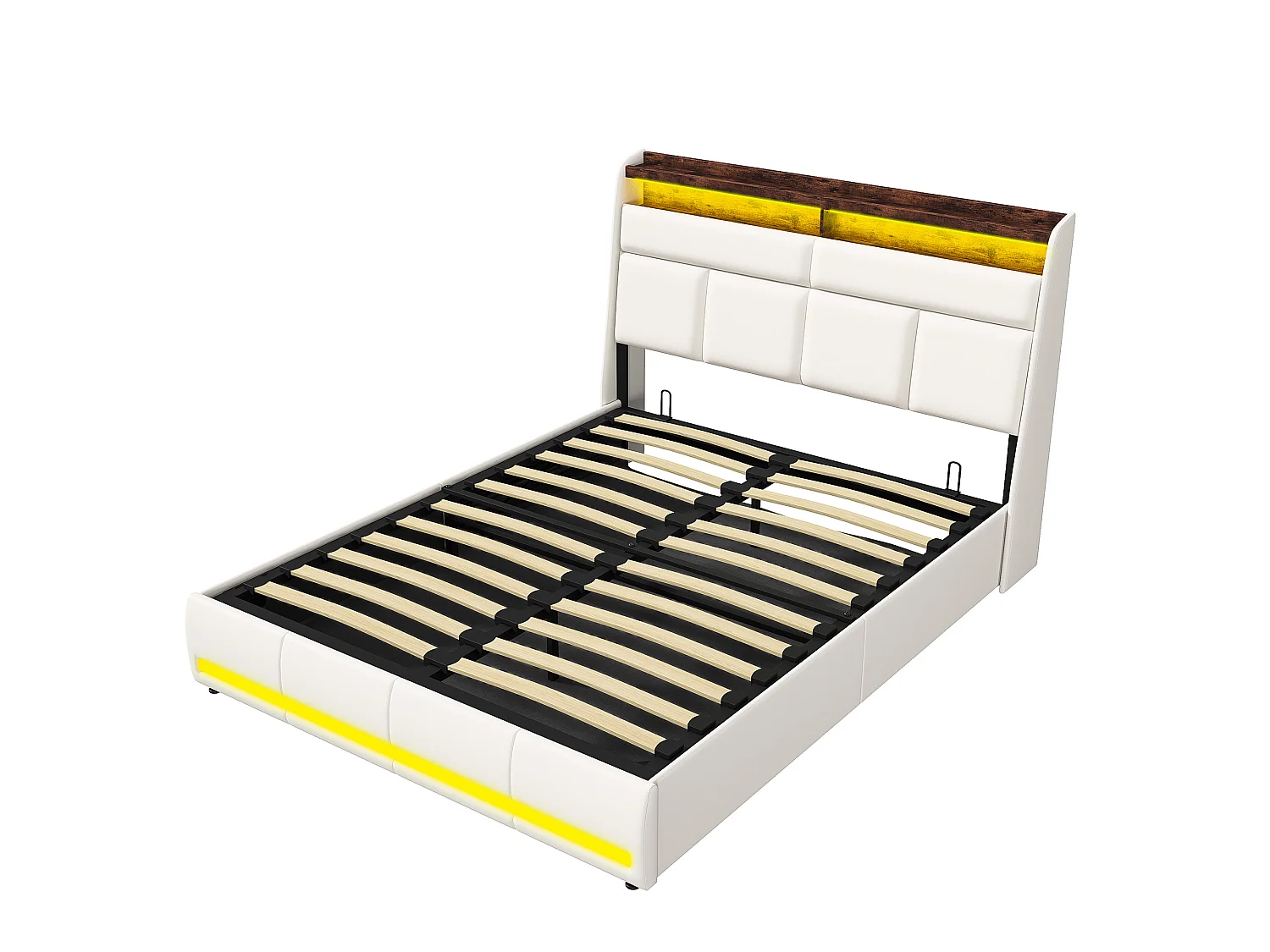 Lit 160x200 cm rembourré avec lumières LED, capitonné, sommier à lattes, boîte de lit et fonction hydraulique, en PU blanc, lit d'appoint pour adultes.