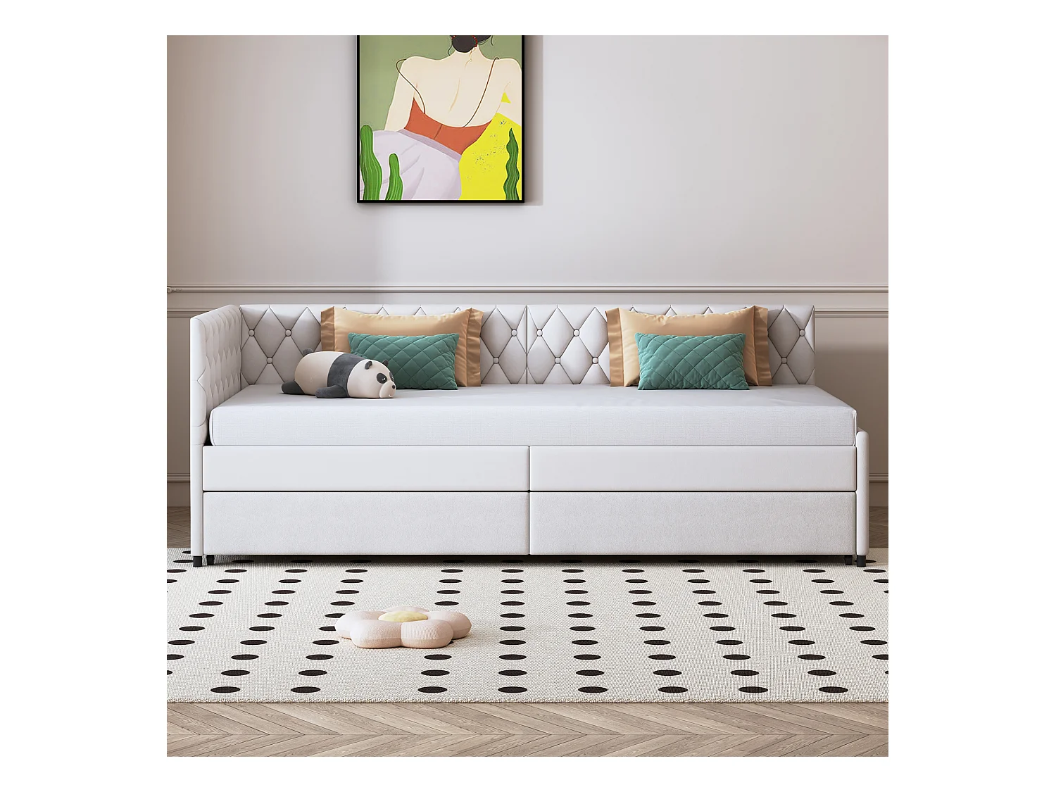 Ausziehbett 90x200 cm, Polsterschlafsofa, Leinenstoff, mit Lattenrost, ohne Matratze - Beige