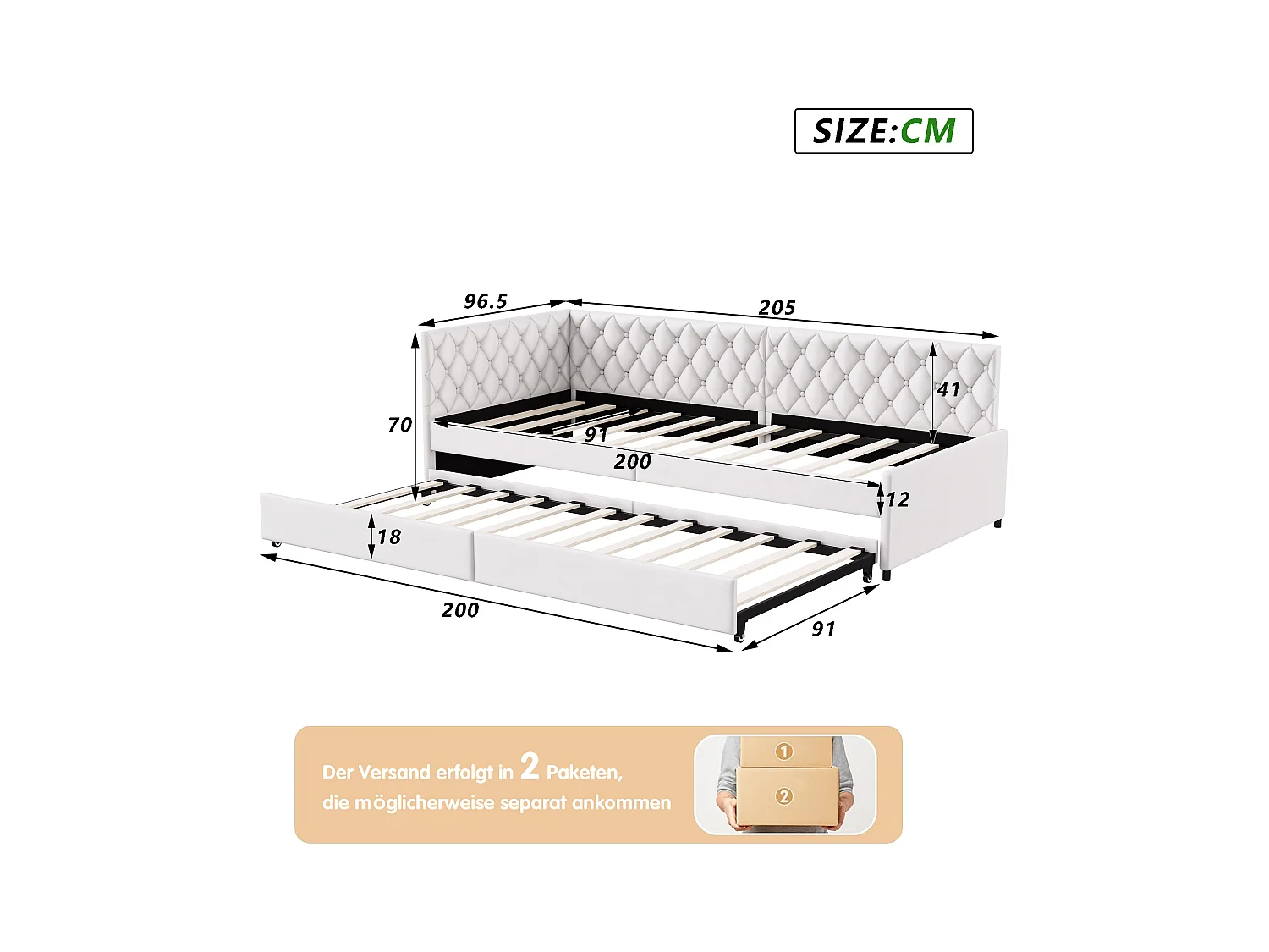 Ausziehbett 90x200 cm, Polsterschlafsofa, Leinenstoff, mit Lattenrost, ohne Matratze - Beige