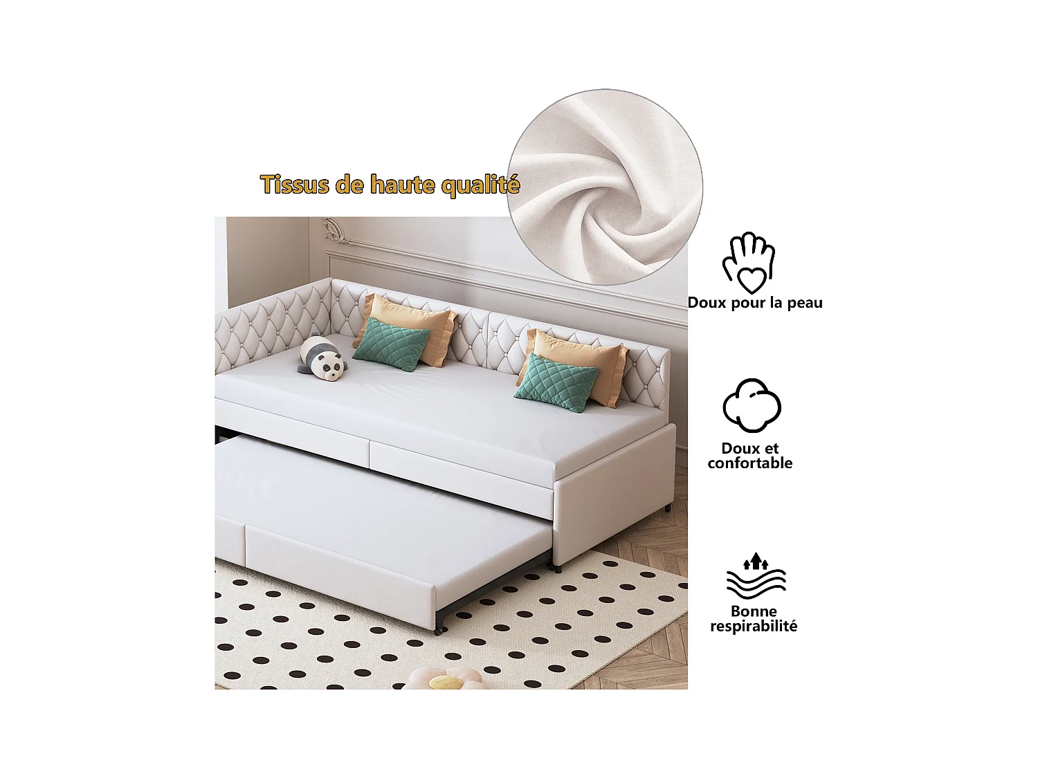 Ausziehbett 90x200 cm, Polsterschlafsofa, Leinenstoff, mit Lattenrost, ohne Matratze - Beige