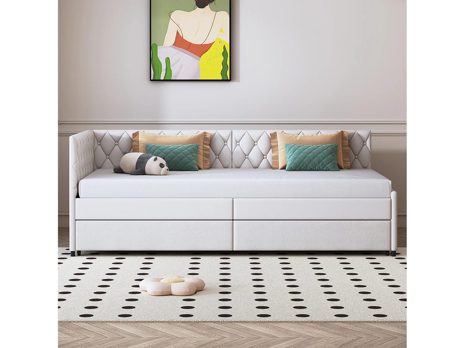 Lit gigogne 90x200 cm, canapé-lit rembourré, tissu en lin, avec sommier à lattes, sans matelas – Beige