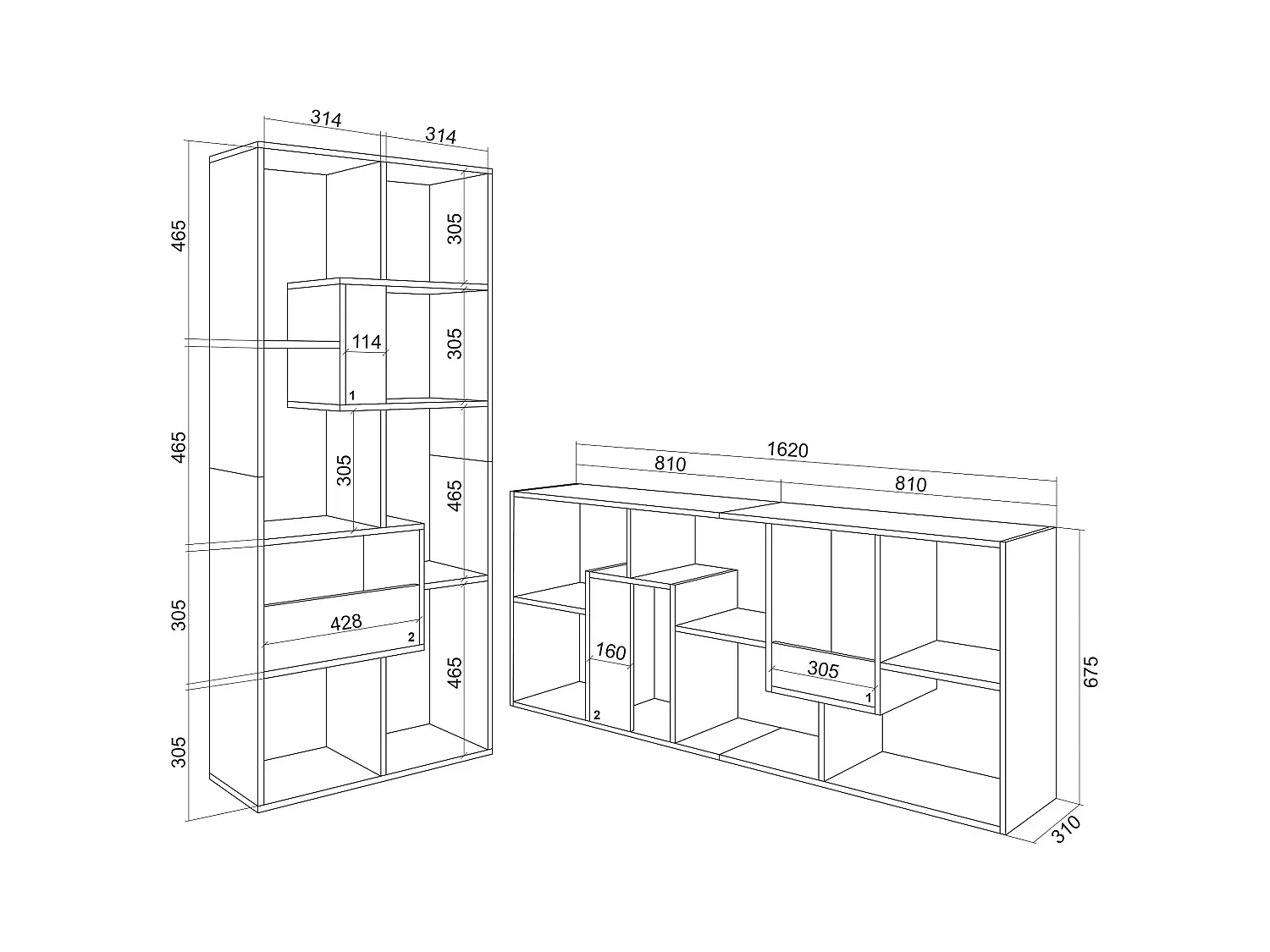 Boekenkast, Boekenplank, 162x67x31cm, Kantoorplank, Donkere eik