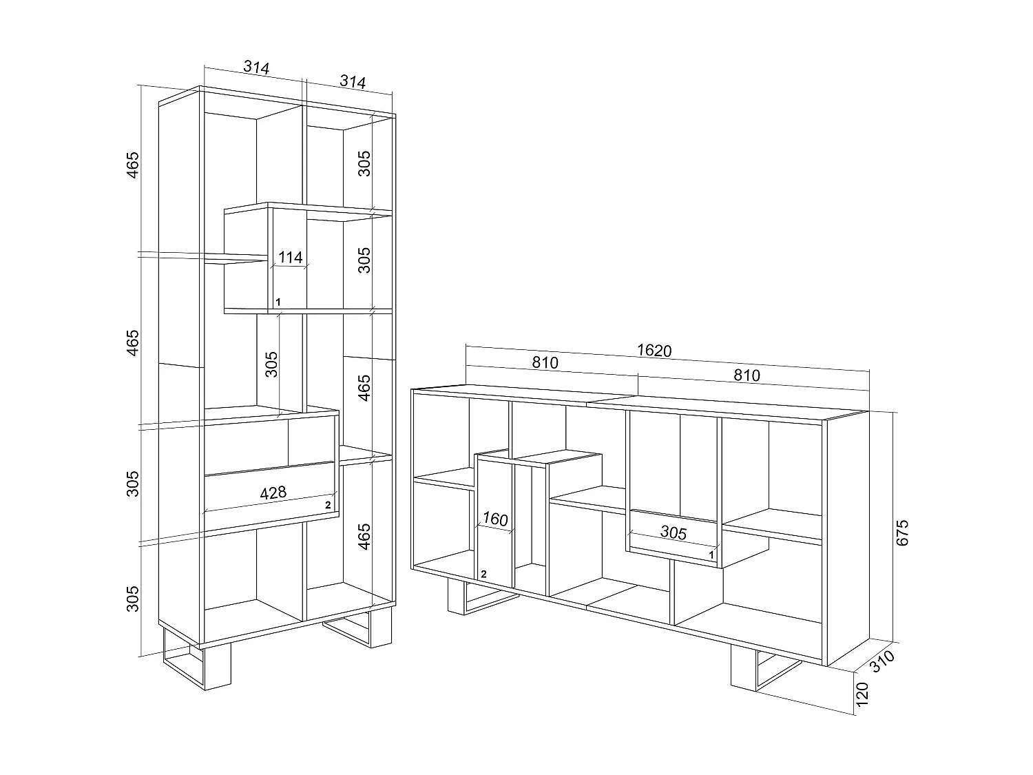 Librería estantería, 174x67x31, Diseño industrial, Negro