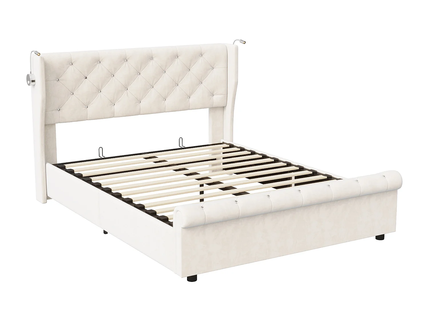Lit coffre 140x190cm avec rangements, avec tête de lit, liseuse avec chargement USB, sommier à lattes, cadre de lit, lit double style contemporain, Beige