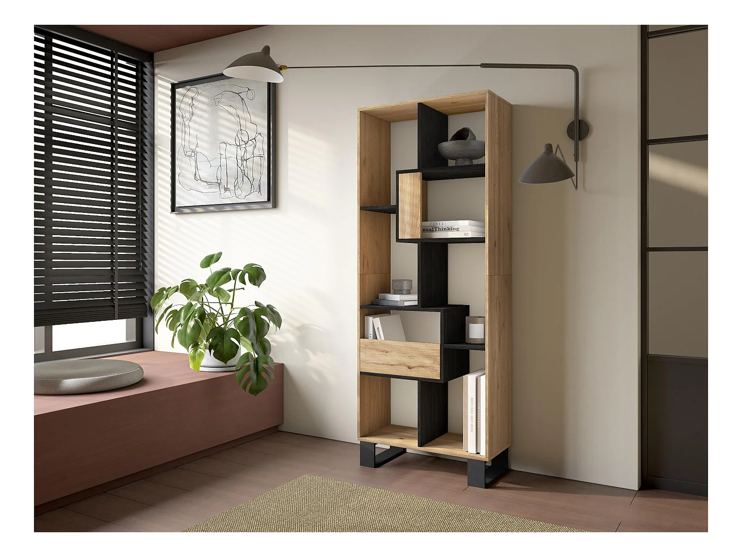 Bücherregal Bibliothek, 174x67x31, Industriedesign, Eiche Schwarz