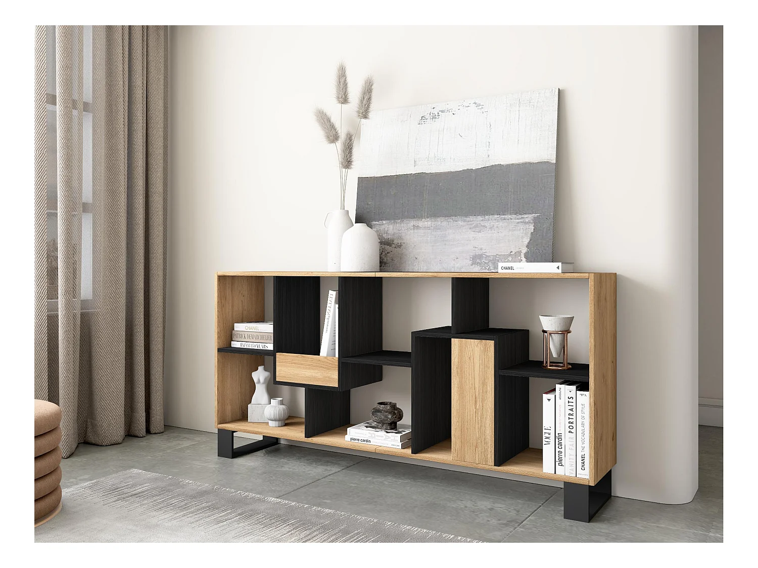 Bücherregal Bibliothek, 174x67x31, Industriedesign, Eiche Schwarz