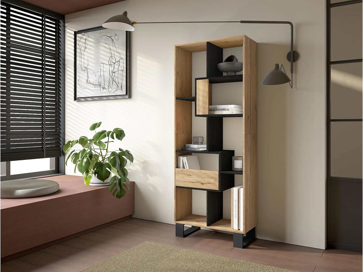 Boekenkast, Boekenplank, 174x67x31, Industrieel design, Eiken/Zwart