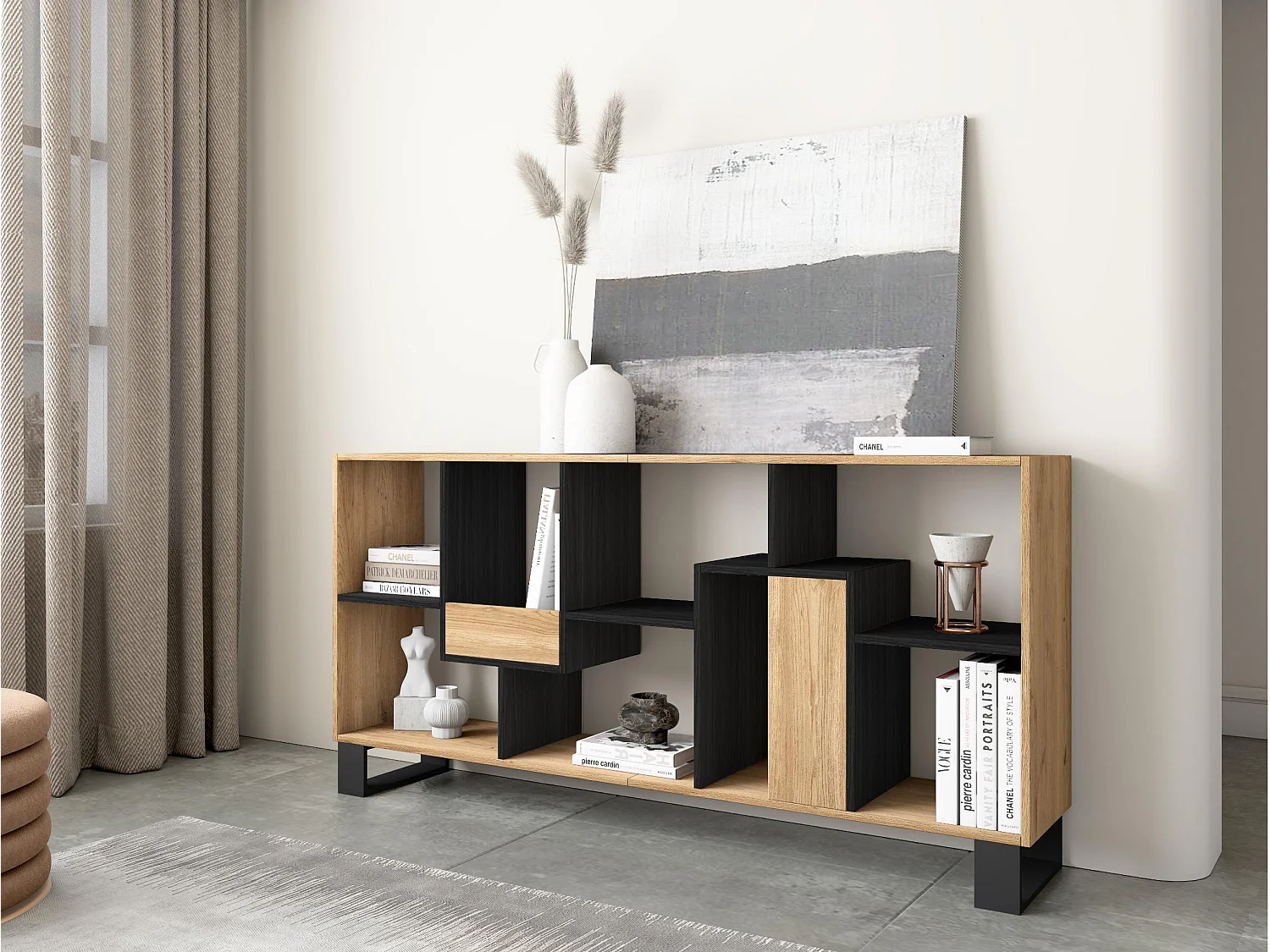 Boekenkast, Boekenplank, 174x67x31, Industrieel design, Eiken/Zwart