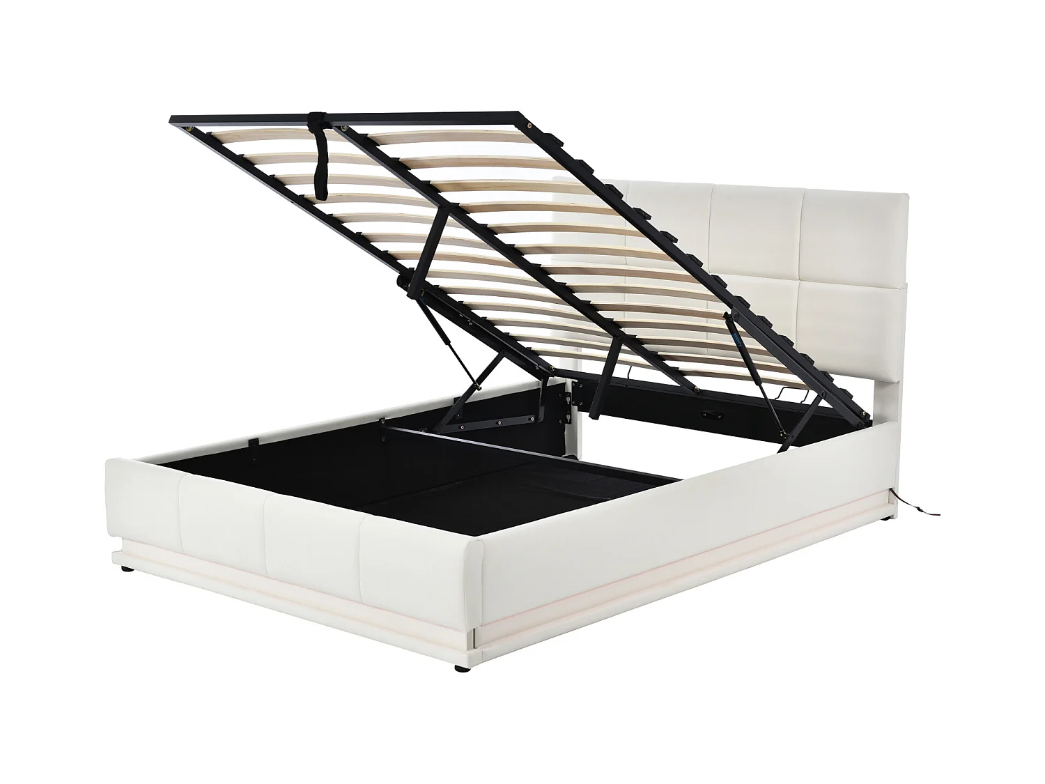 Lit coffre 140x200 cm - Lit doub LED capitonné relevable hydraulique avec sommier à lattes - Beige