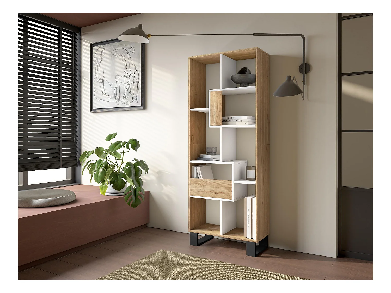 Boekenkast, Boekenplank, 174x67x31, Industrieel design, Eiken/Wit