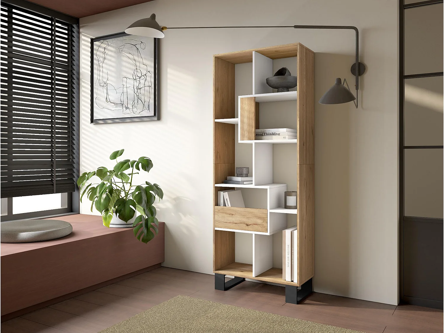 Étagère Bibliothèque, 174x67x31, Design industriel, Chêne et blanc