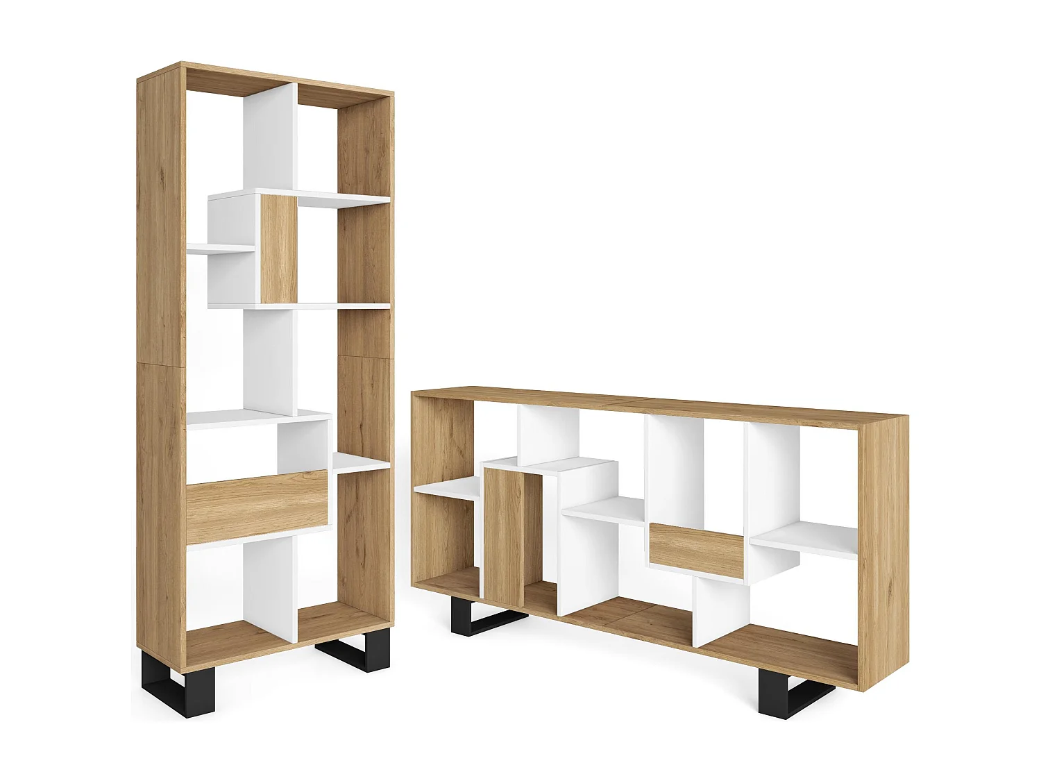 Étagère Bibliothèque, 174x67x31, Design industriel, Chêne et blanc