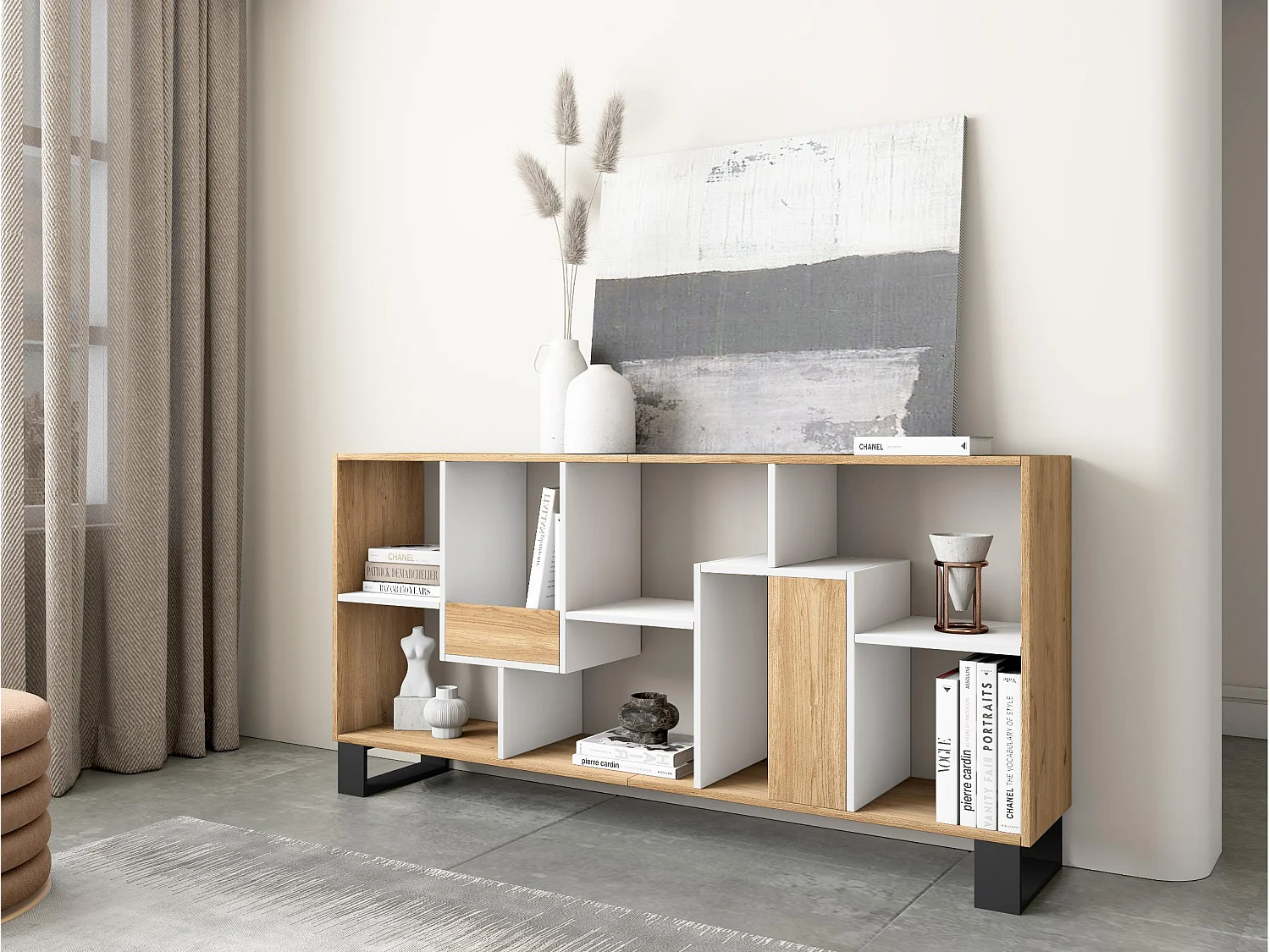 Étagère Bibliothèque, 174x67x31, Design industriel, Chêne et blanc