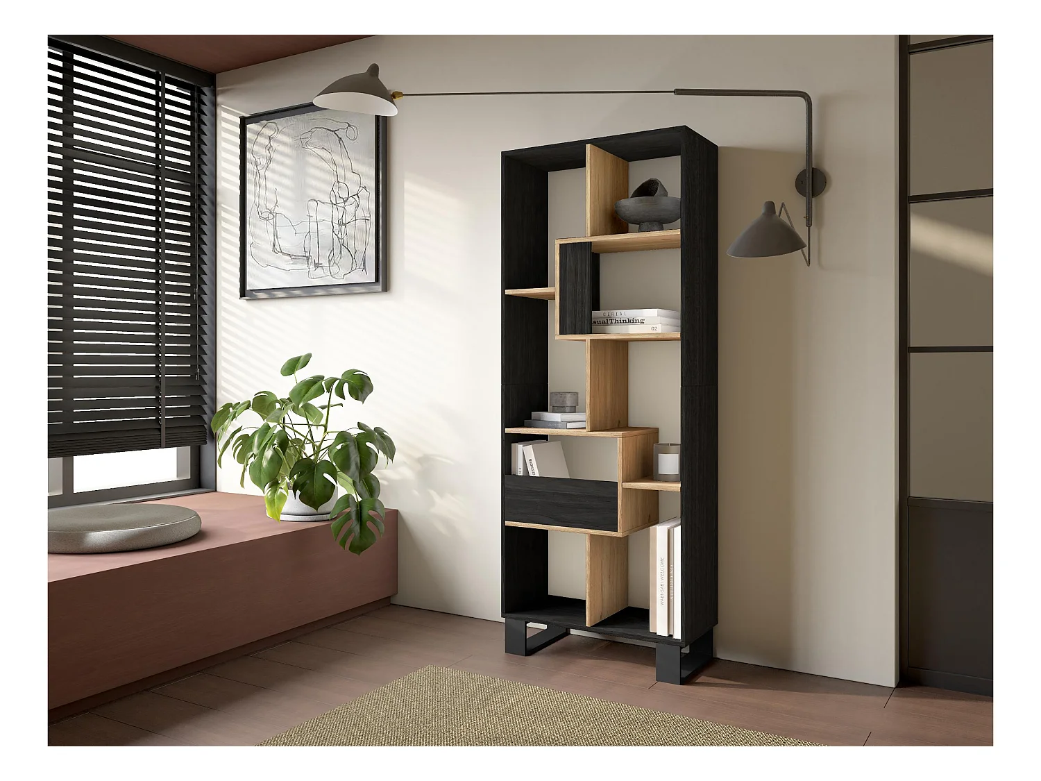 Librería estantería, 174x67x31, Diseño industrial, Negro y roble