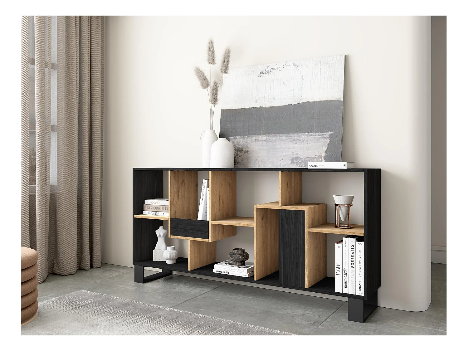 Librería estantería, 174x67x31, Diseño industrial, Negro y roble