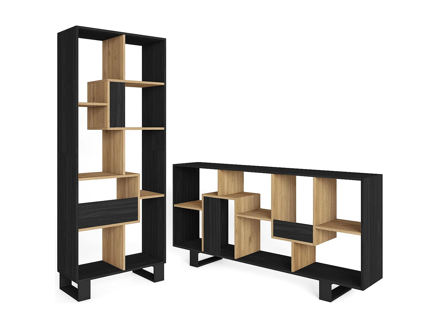 Librería estantería, 174x67x31, Diseño industrial, Negro y roble