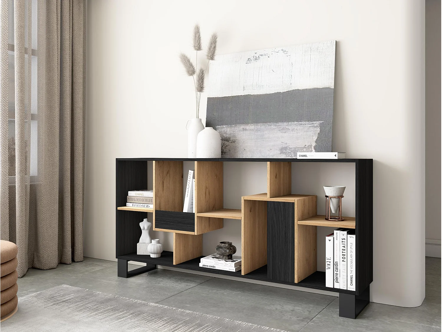 Étagère Bibliothèque, 67x31x174, Design industriel, Noir et chêne