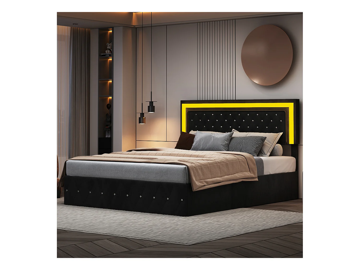 160x200 cm Samtbett mit Stauraum - mit LED und Lattenrost - Doppelbett mit Stauraum - mit höhenverstellbarem Kopfteil - Schwarz