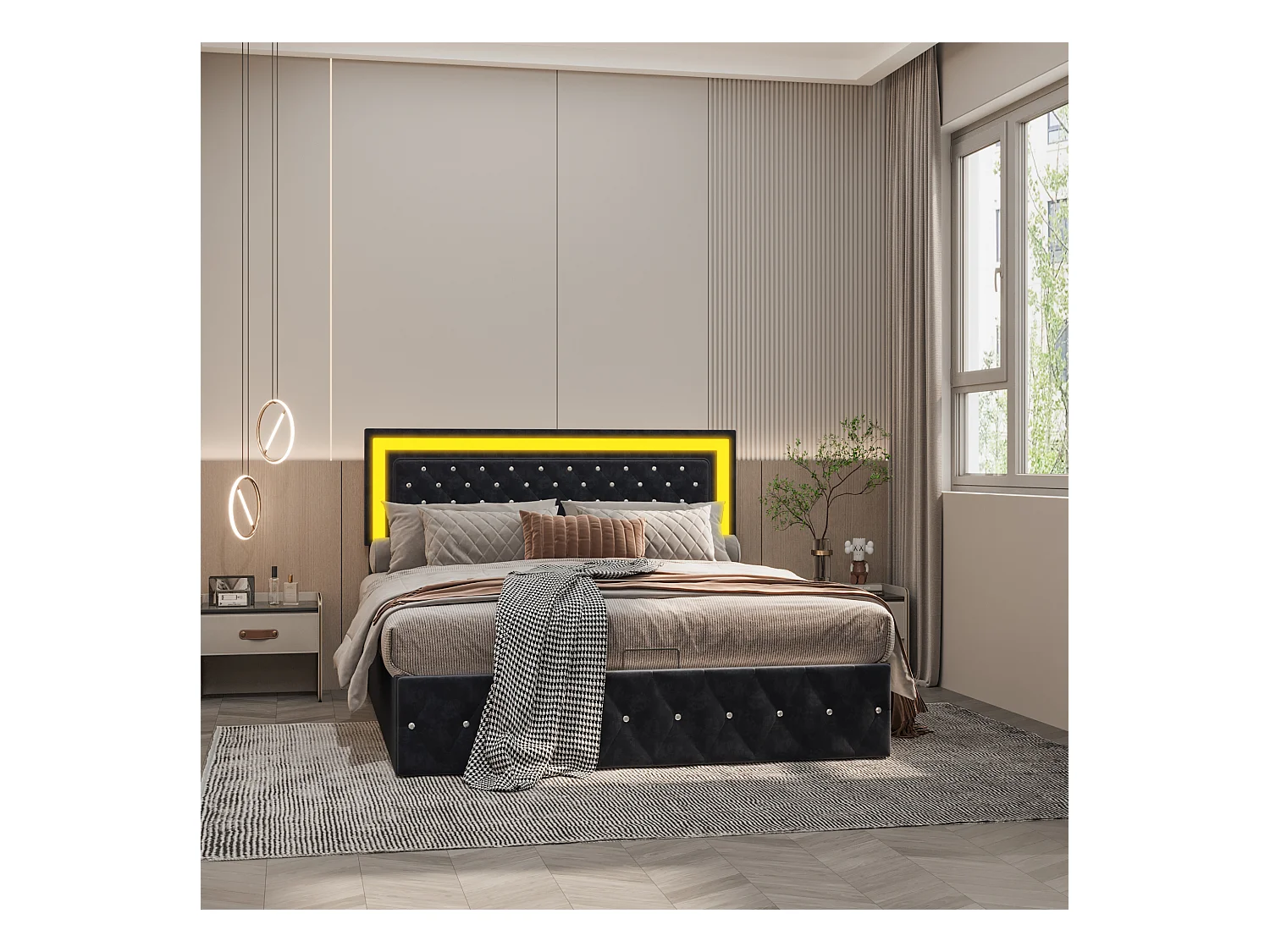 Cama de terciopelo con canapé de 160x200 cm - con LED y somier - Cama doble con canapé - con cabecero regulable en altura - Color negro