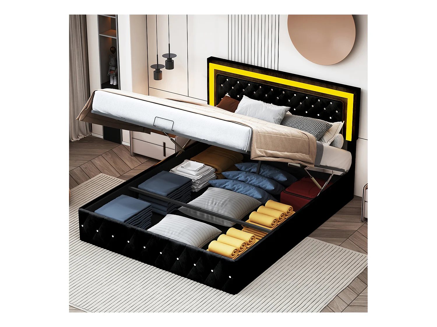 180x200 cm fluwelen opbergbed - met LED en lattenbodem - Tweepersoonsbed met opbergruimte - met in hoogte verstelbaar hoofdeinde - Zwart