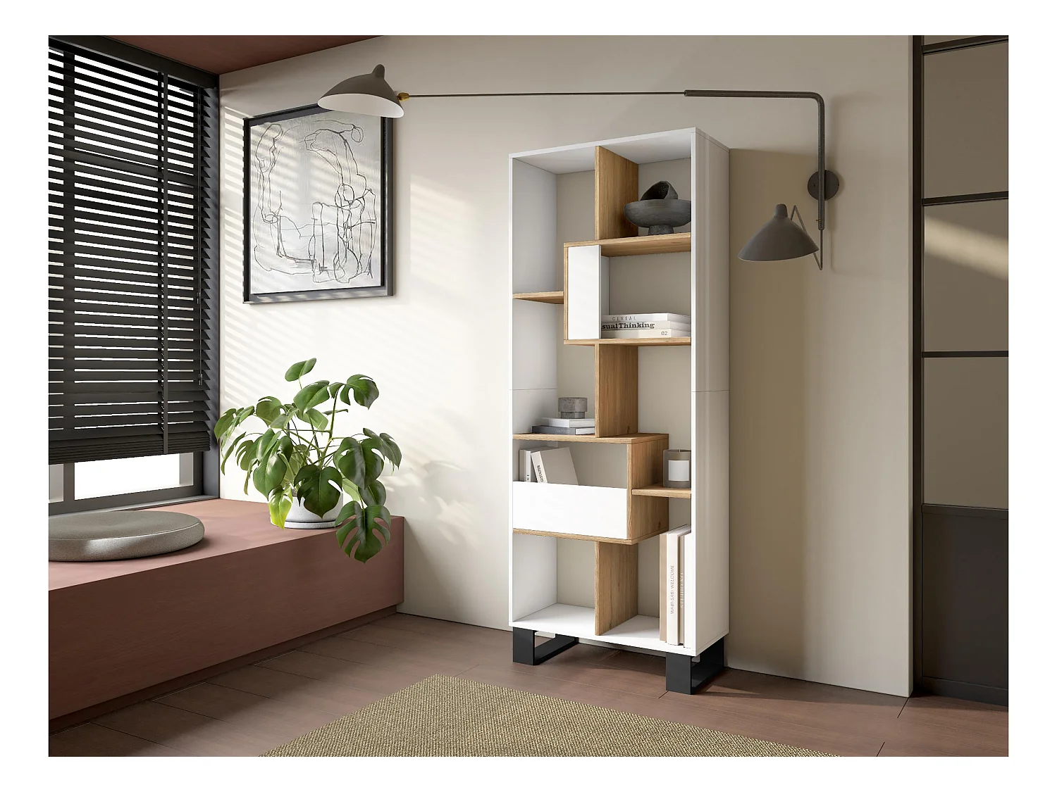 Bücherregal Bibliothek, 174x67x31, Industriedesign, Weiß und Eiche