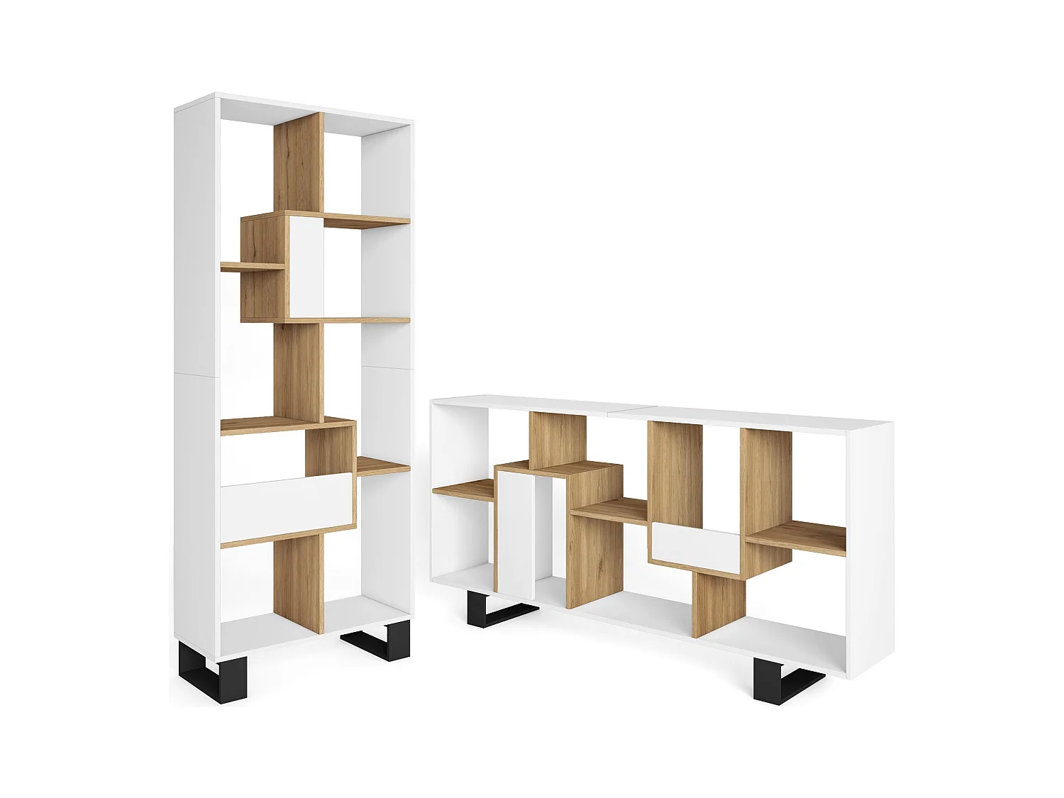 Bücherregal Bibliothek, 174x67x31, Industriedesign, Weiß und Eiche