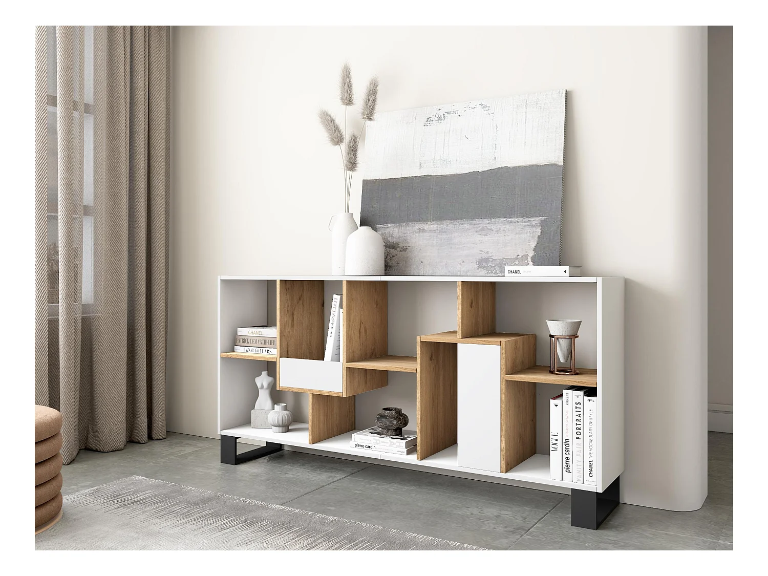 Bücherregal Bibliothek, 174x67x31, Industriedesign, Weiß und Eiche