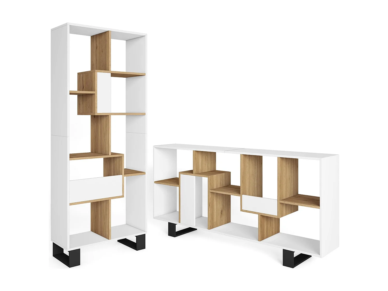 Librería estantería, 174x67x31, Diseño industrial, Blanco y roble