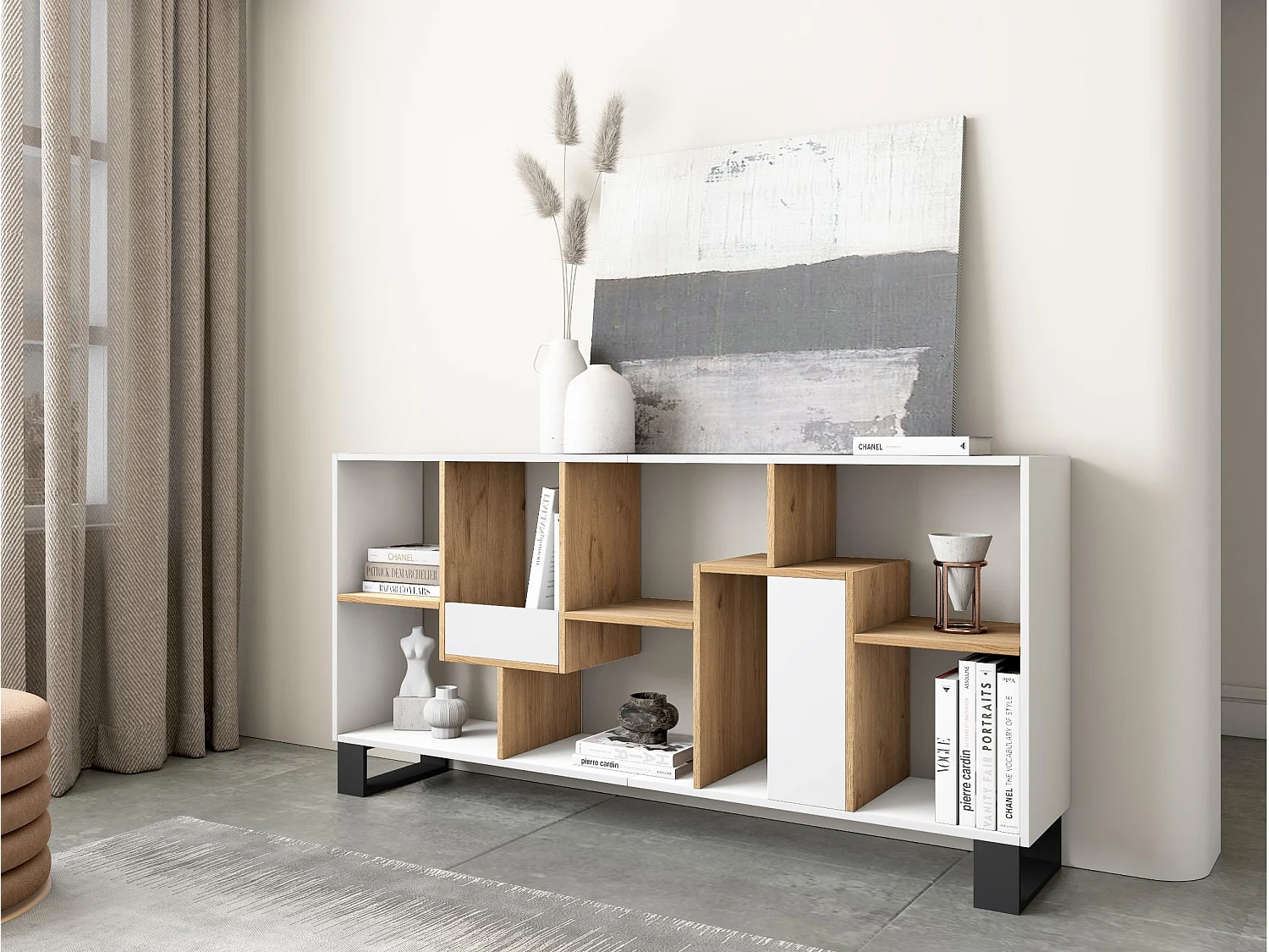 Librería estantería, 174x67x31, Diseño industrial, Blanco y roble