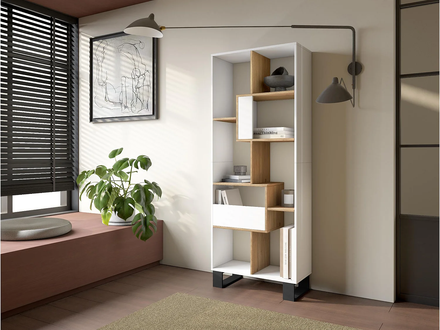 Étagère Bibliothèque, 67x31x174, Design industriel, Blanc et Chêne