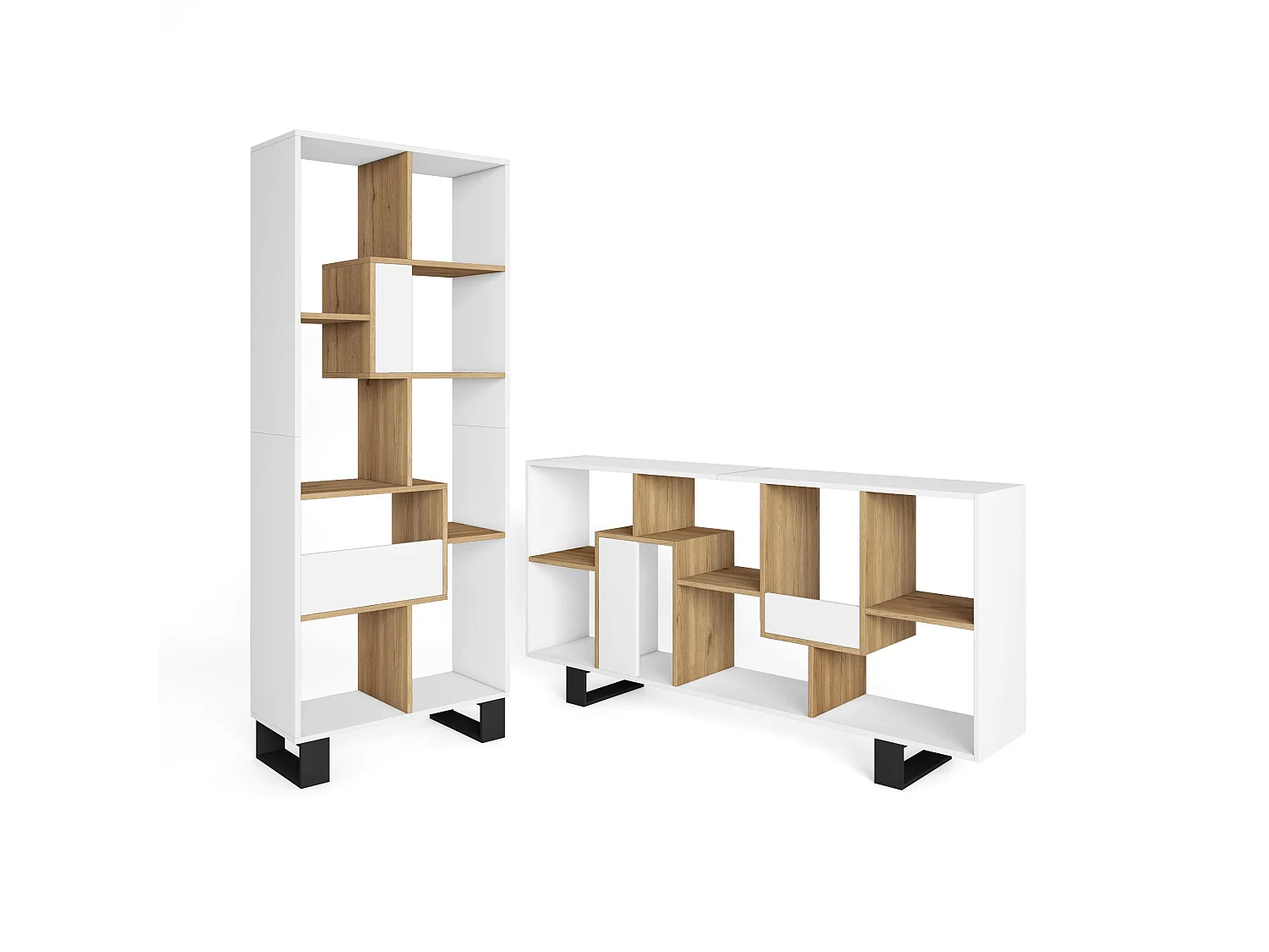 Étagère Bibliothèque, 67x31x174, Design industriel, Blanc et Chêne