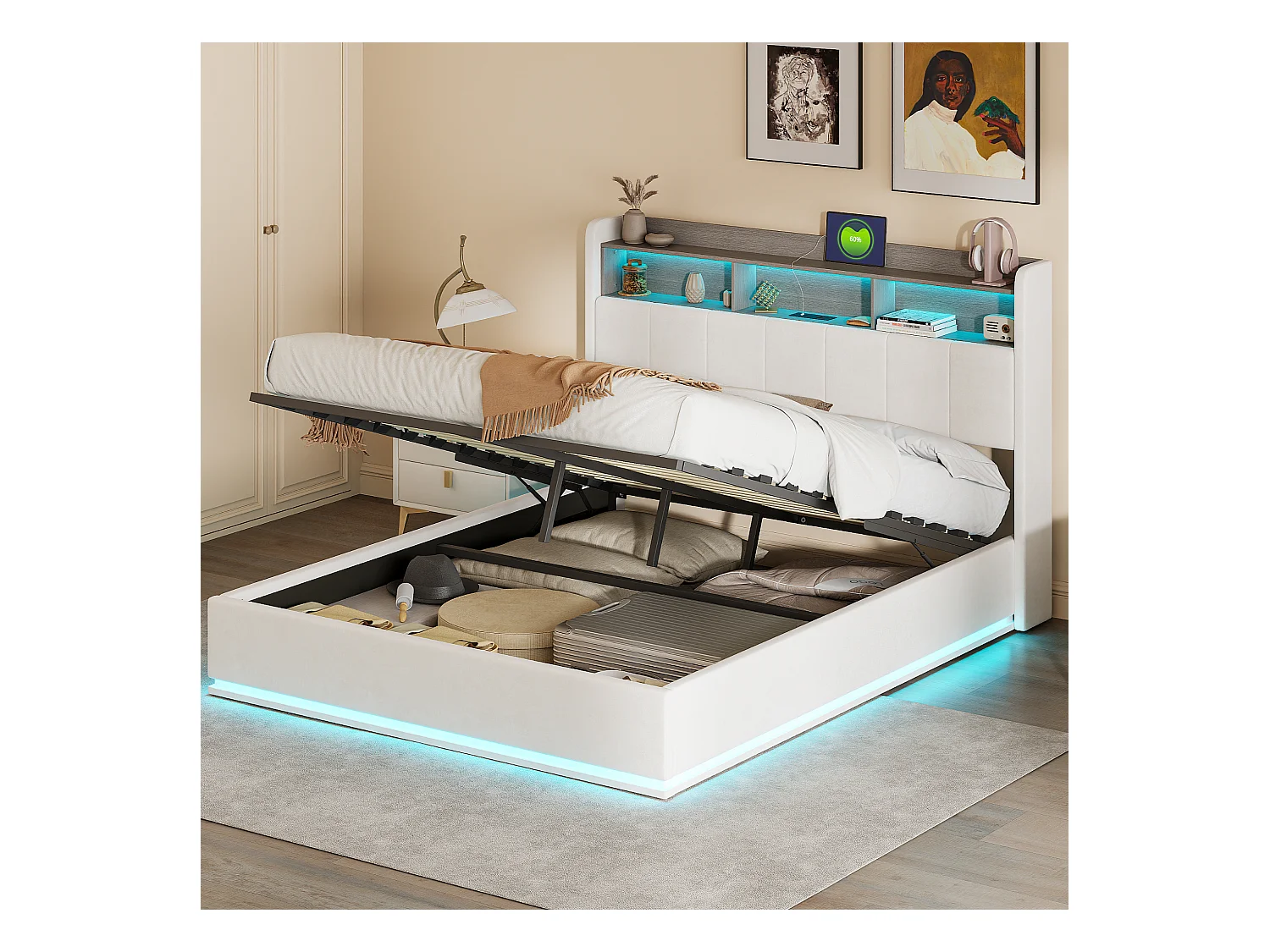 Letto matrimoniale contenitore 160x200 cm in velluto bianco, testiera con LED, ricarica USB, contenitore, rete a doghe, struttura in metallo e idraulica.