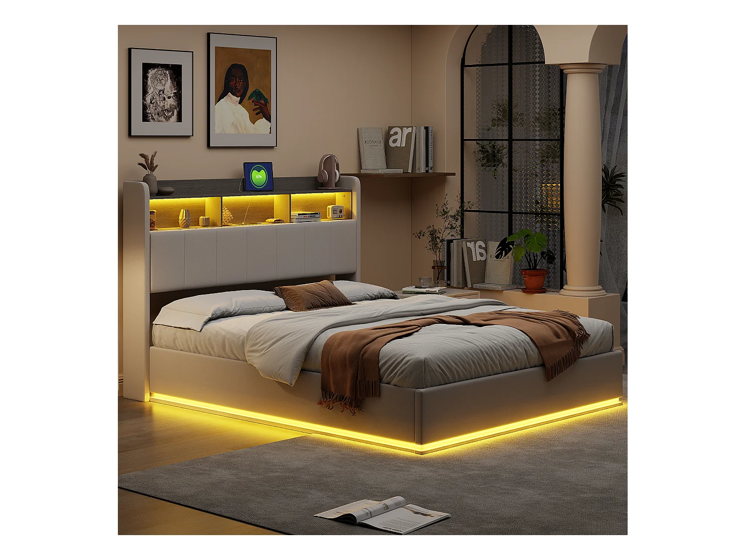 Letto matrimoniale contenitore 160x200 cm in velluto bianco, testiera con LED, ricarica USB, contenitore, rete a doghe, struttura in metallo e idraulica.