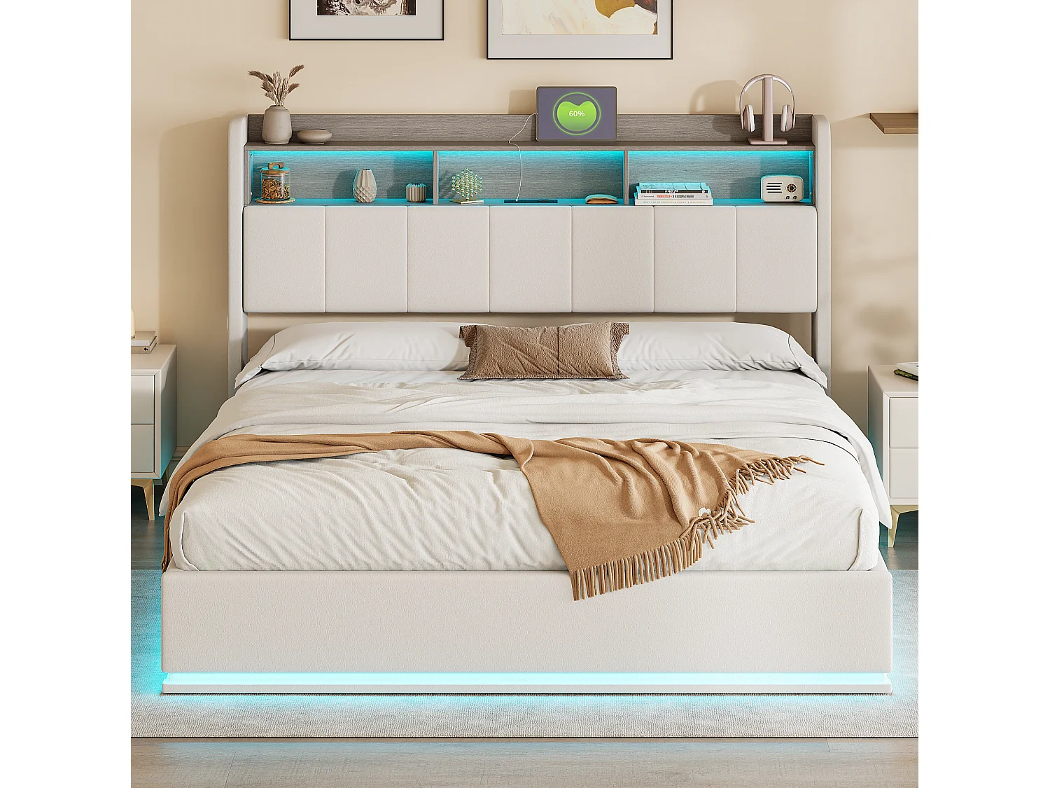 Lit coffre double 160x200 cm blanc en velours, tête de lit avec LED, chargement USB, rangements, sommier à lattes, structure métal et hydraulique.