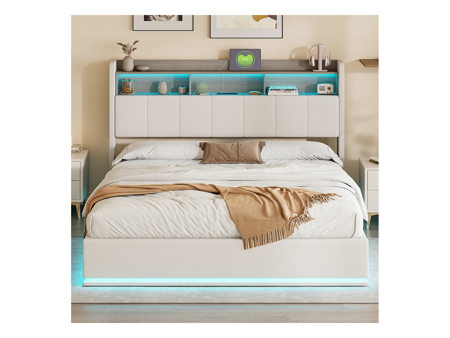 Lit coffre 140x200 cm blanc, tête de lit avec LED, chargement USB, rangements, sommier à lattes, structure métal et système hydraulique.