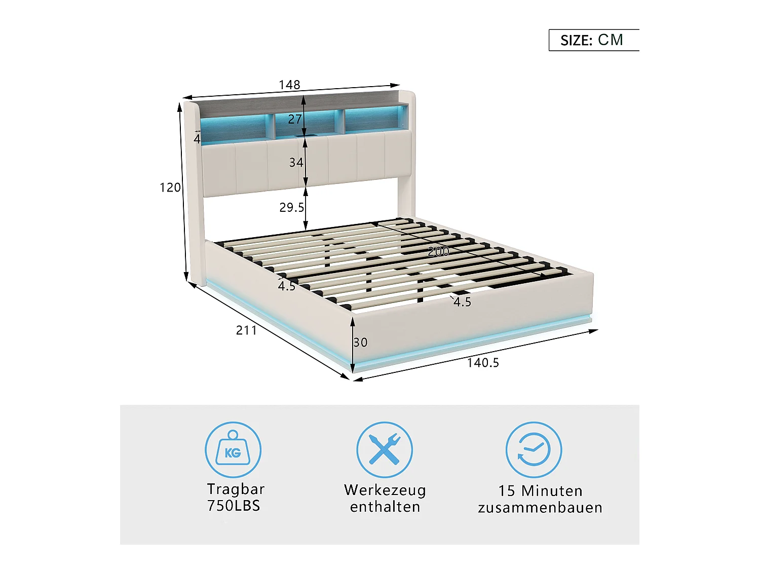 Lit coffre 140x200 cm blanc, tête de lit avec LED, chargement USB, rangements, sommier à lattes, structure métal et système hydraulique.