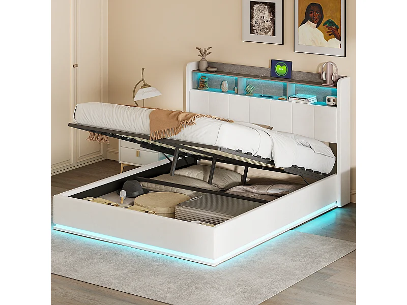 Letto contenitore bianco 140x200 cm, testiera con LED, ricarica USB, contenitore, rete a doghe, struttura in metallo e sistema idraulico.