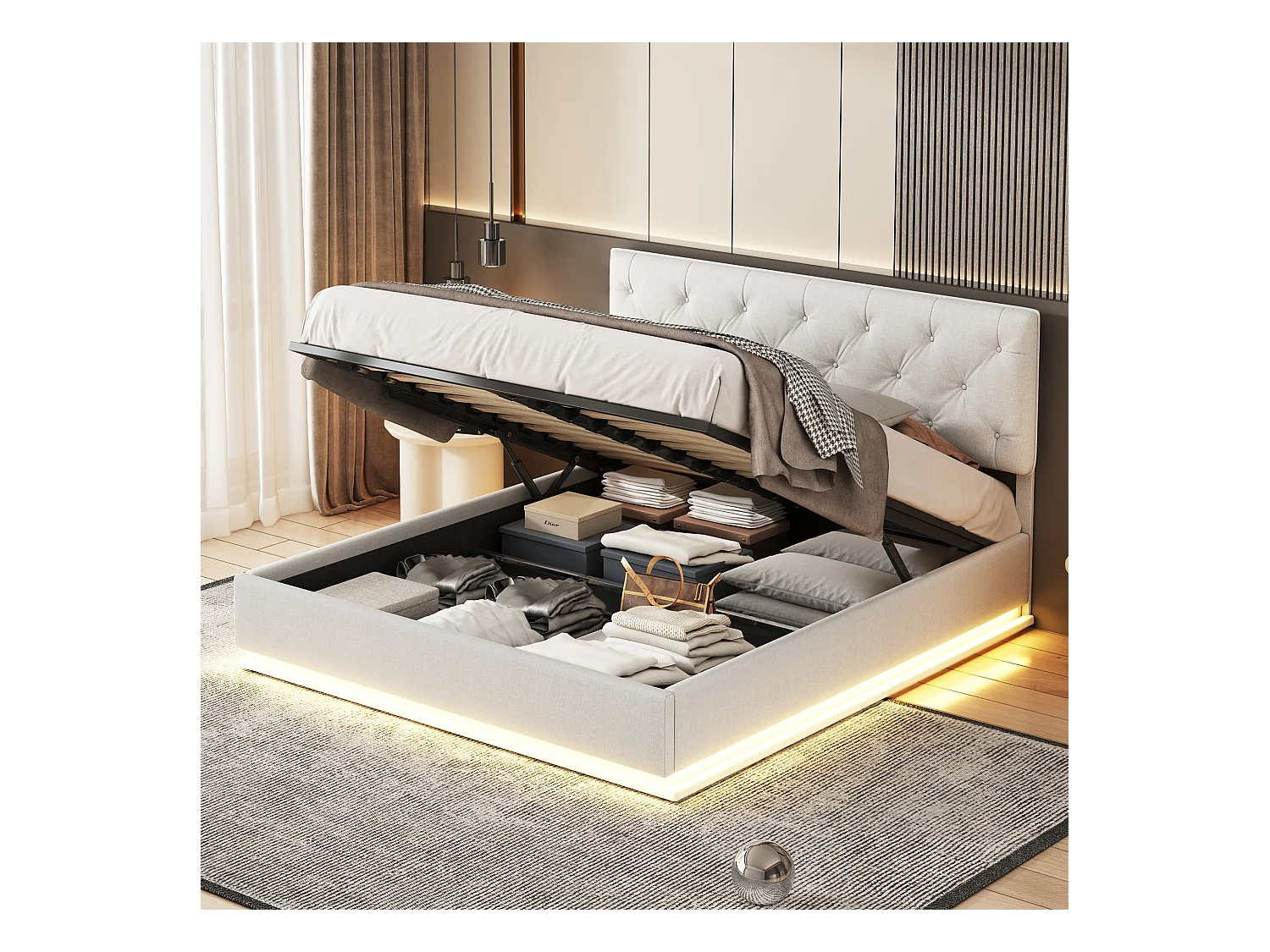 Lit 140x200cm - Espace de Rangement - Sommier à Lattes - Eéclairage LED et tête de lit relevable - Lin - Beige