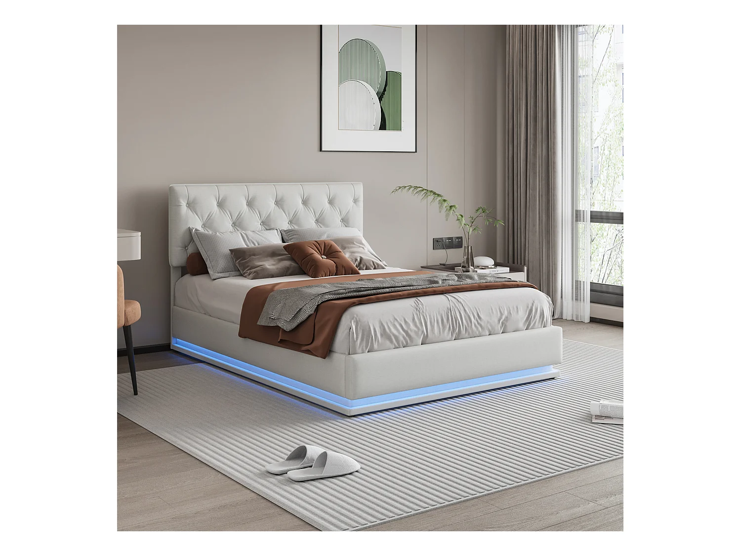 Lit 140x200cm - Espace de Rangement - Sommier à Lattes - Eéclairage LED et tête de lit relevable - Lin - Beige