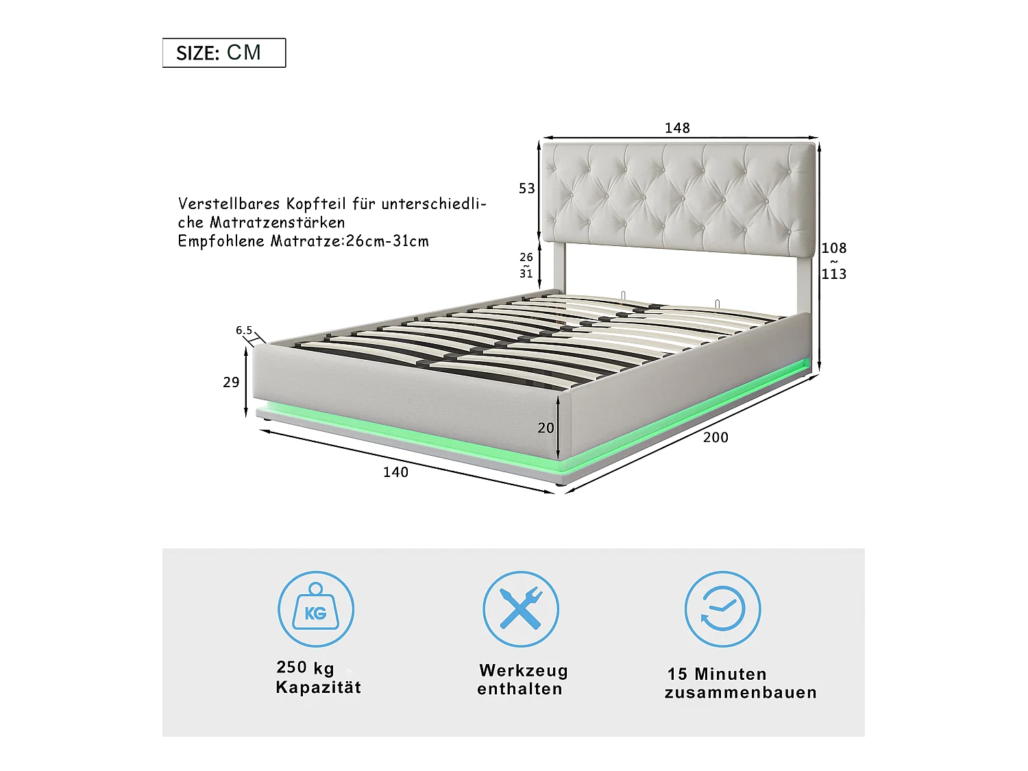 Lit 140x200cm - Espace de Rangement - Sommier à Lattes - Eéclairage LED et tête de lit relevable - Lin - Beige