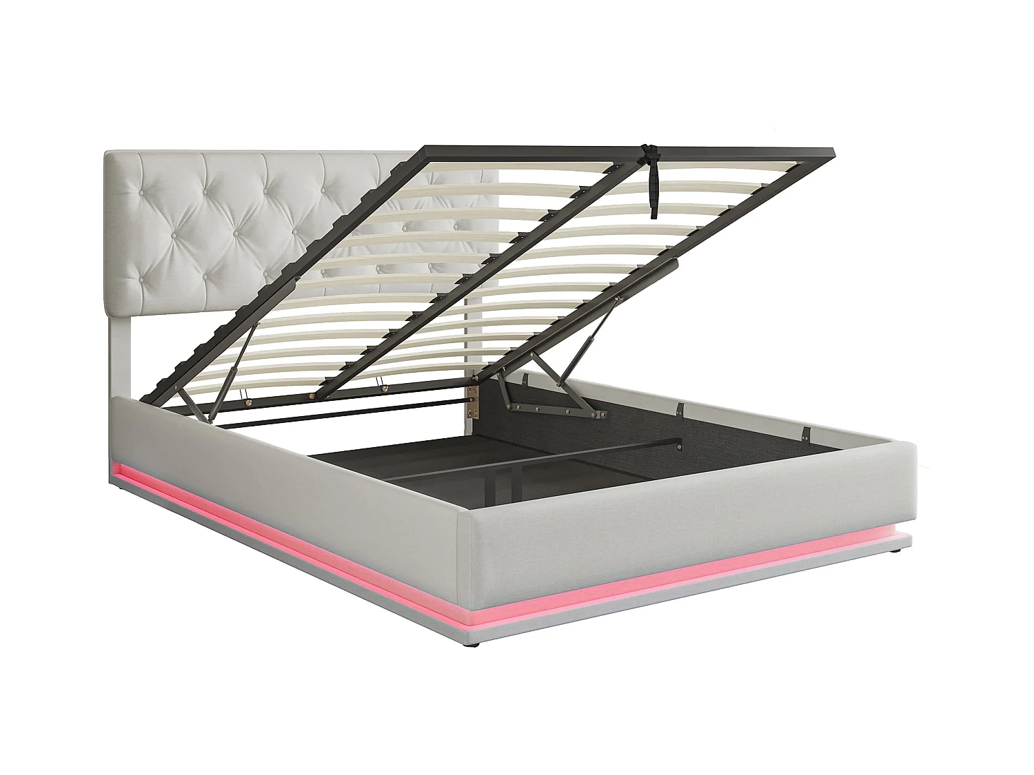 Lit 140x200cm - Espace de Rangement - Sommier à Lattes - Eéclairage LED et tête de lit relevable - Lin - Beige