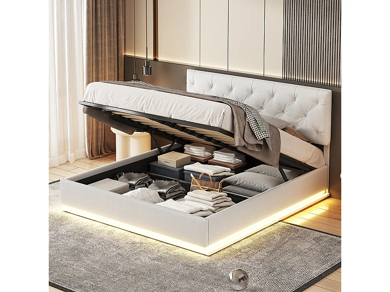 Lit 140x200cm - Espace de Rangement - Sommier à Lattes - Eéclairage LED et tête de lit relevable - Lin - Beige