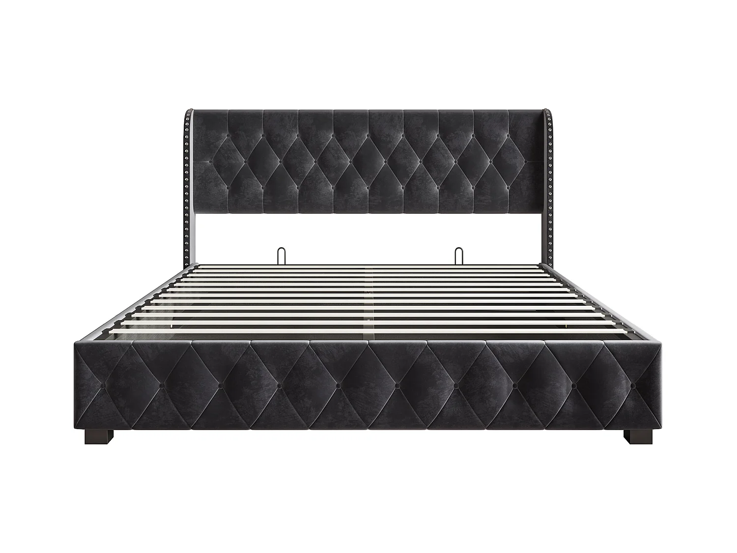 Letto contenitore imbottito in velluto - decorato con rivetti - con rete a doghe - 180x200cm - Grigio