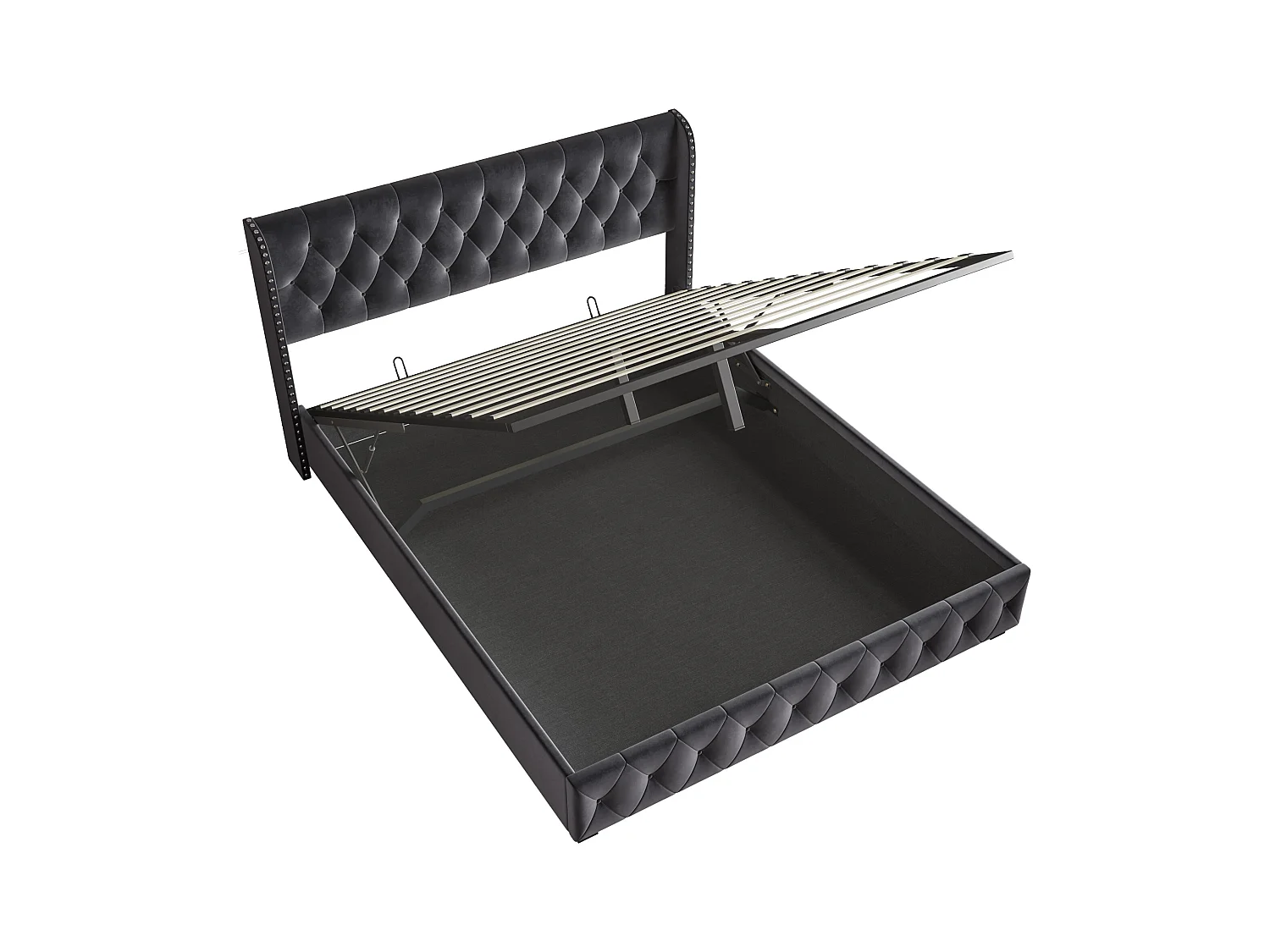 Letto contenitore imbottito in velluto - decorato con rivetti - con rete a doghe - 180x200cm - Grigio