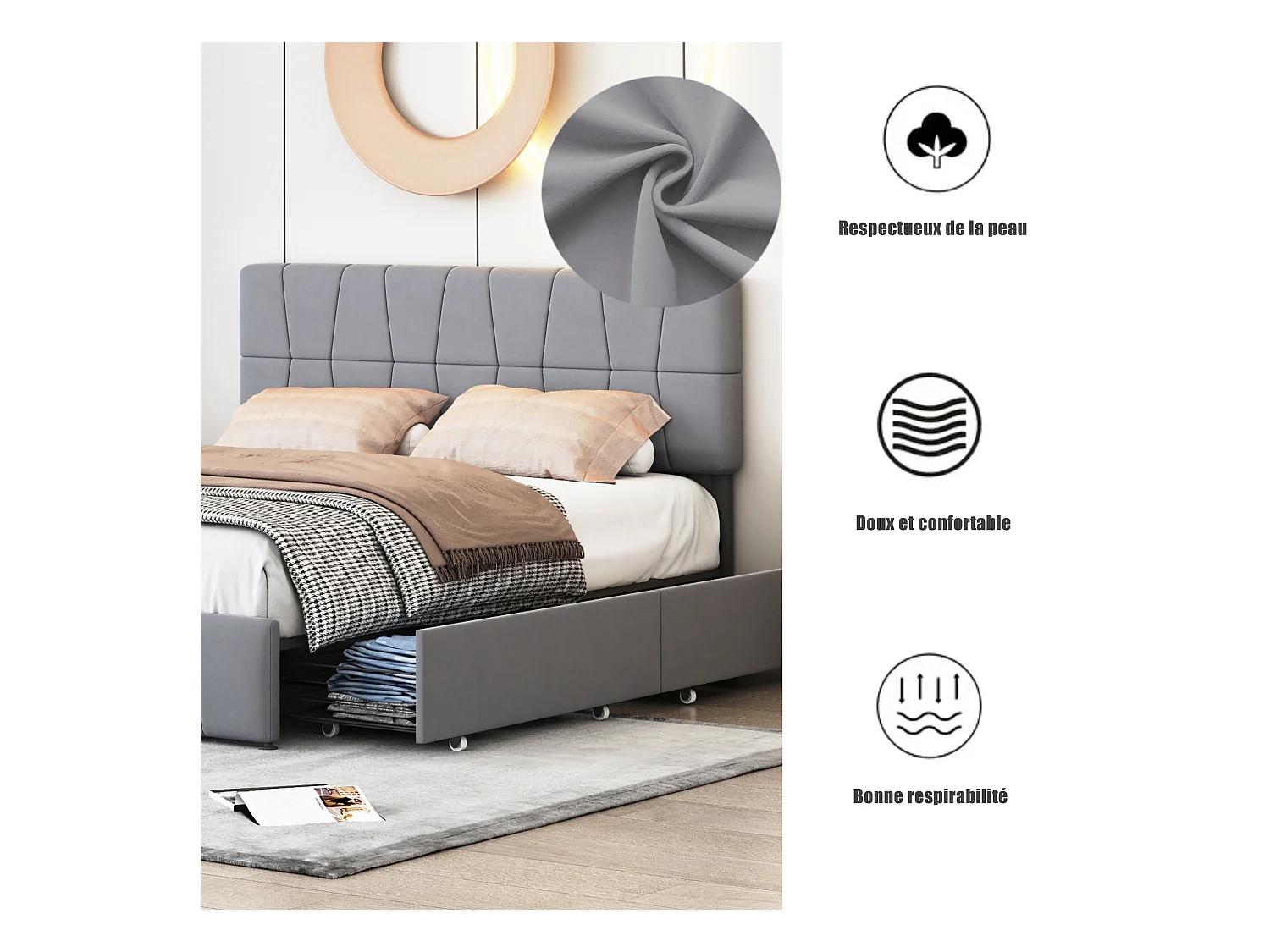 Cama doble tapizada en terciopelo con 4 cajones - 160 x 200 cm - Estructura de cama con cabecero regulable en altura y somier de láminas - Gris