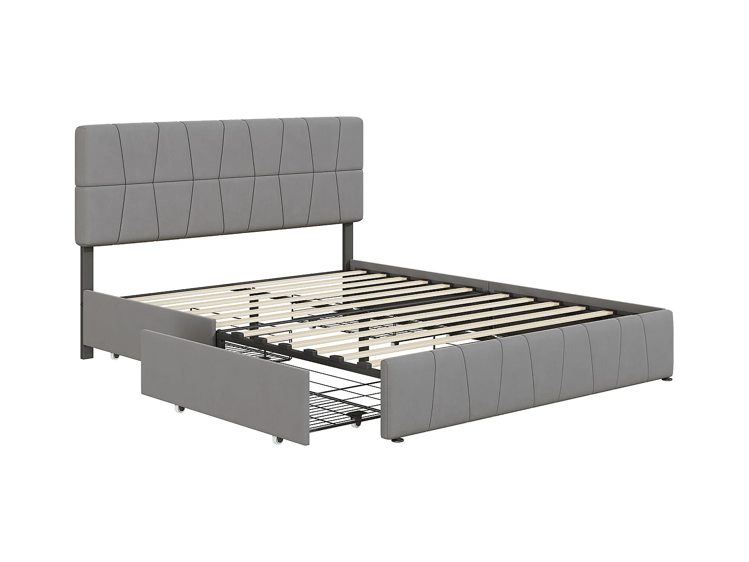 Cama doble tapizada en terciopelo con 4 cajones - 160 x 200 cm - Estructura de cama con cabecero regulable en altura y somier de láminas - Gris