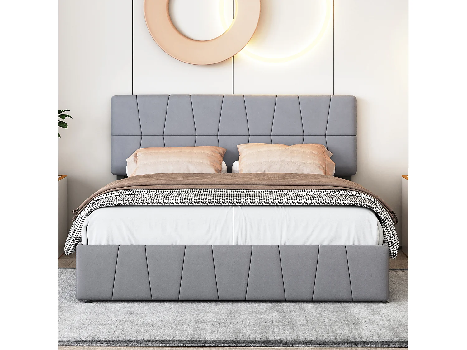 Cama doble tapizada en terciopelo con 4 cajones - 160 x 200 cm - Estructura de cama con cabecero regulable en altura y somier de láminas - Gris